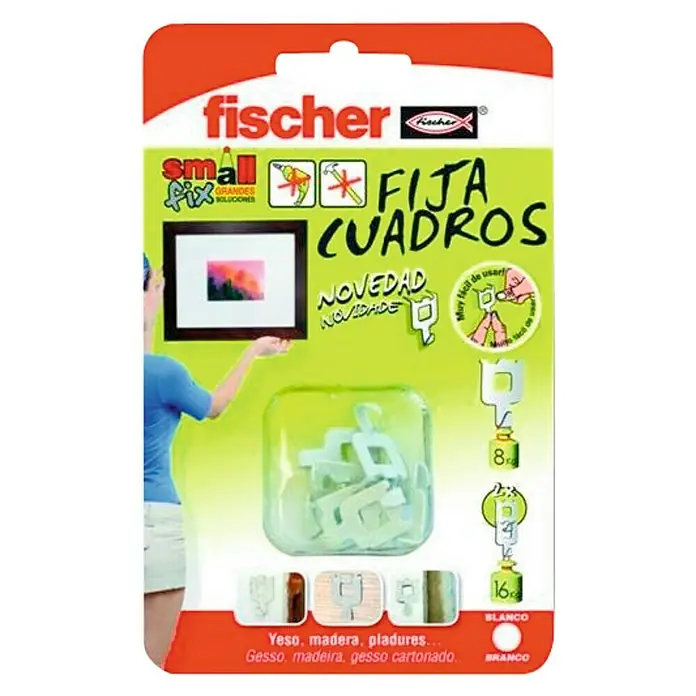 Fischer Gancho para colgar cuadros sin herramientas - Carga soportada: 8 kg, 8 uds., Blanco