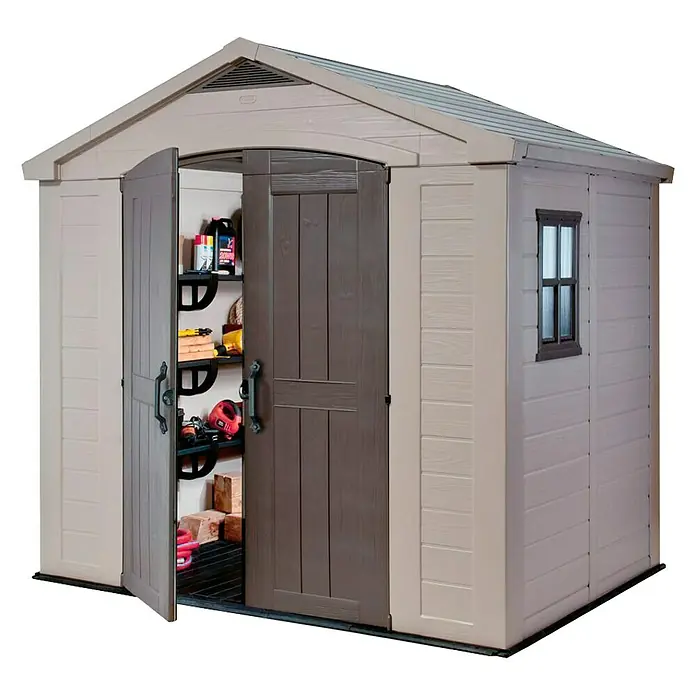 Keter Caseta para jardín Factor 8X6 - Ancho exterior incluido el voladizo del techo: 257 cm, Profundidad exterior incluido el voladizo del techo: 182 cm, Plástico, Beige/Marrón, Área: 4,5 m²