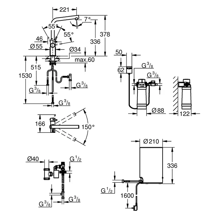 Grohe Spültischarmatur Red II Duo - L-Auslauf, Boiler: Größe M, Chrom - Vorderansicht