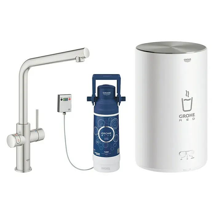 Grohe Spültischarmatur Red II Duo - L-Auslauf, Boiler: Größe M, Edelstahloptik - Vorderansicht