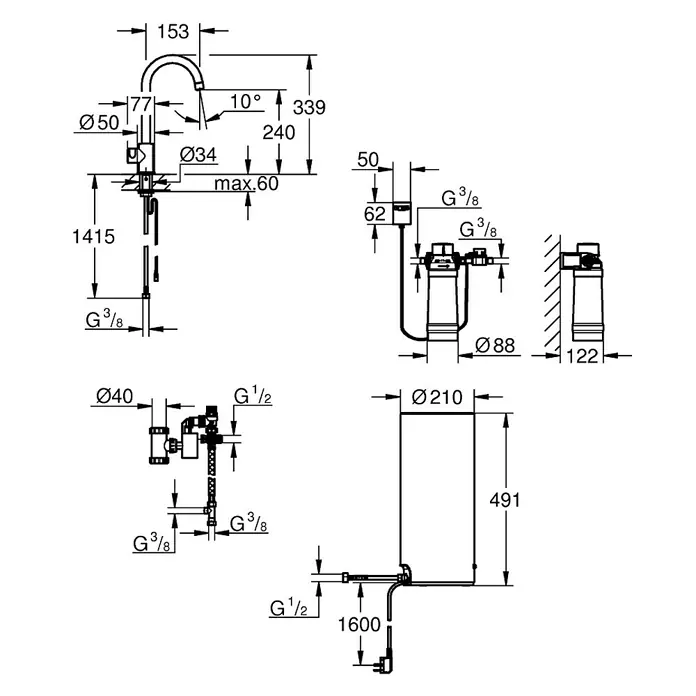 Grohe Standventil Red II Mono - C-Auslauf, Boiler: Größe L, Chrom - Vorderansicht