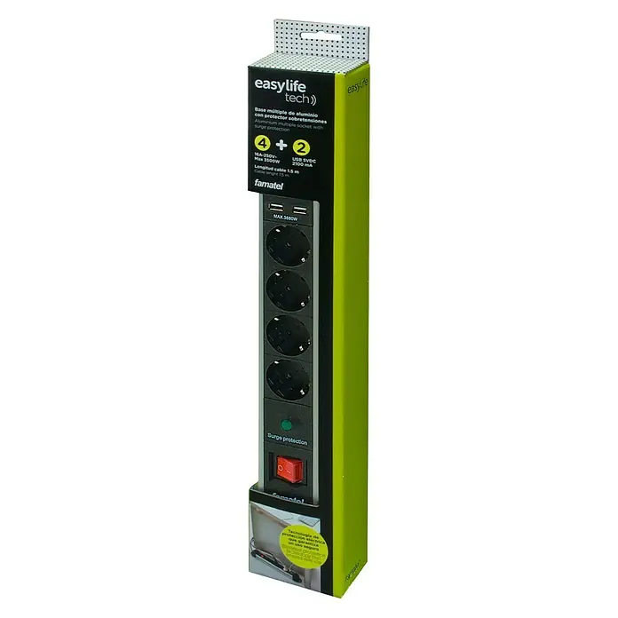 Famatel Base de enchufe múltiple con USB - Número de enchufes Schuko: 4 ud., Negro/Plateado, 1,5 m, 3.680 W