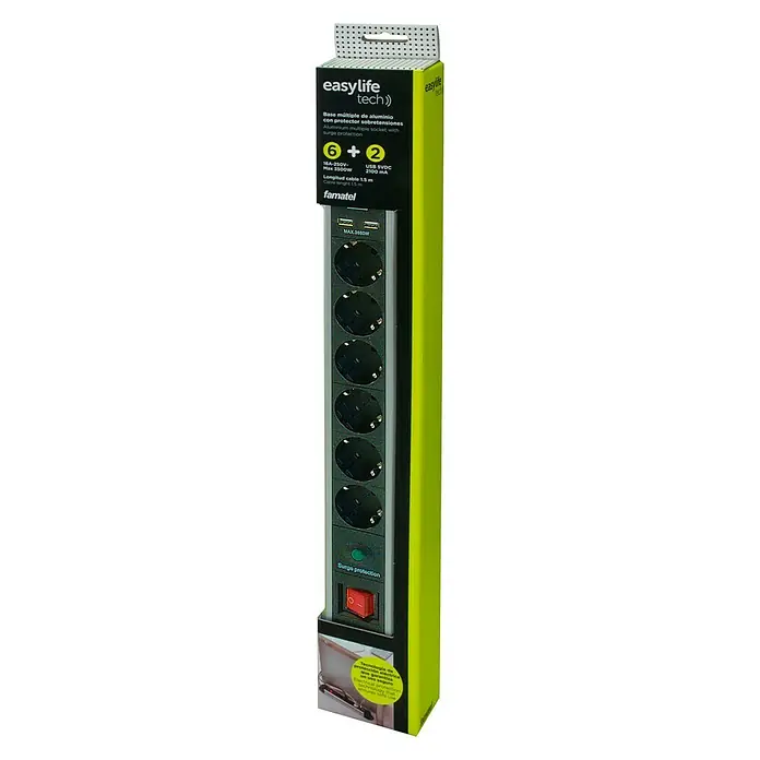 Famatel Base de enchufe múltiple con USB - Número de enchufes Schuko: 6 ud., Negro/Gris