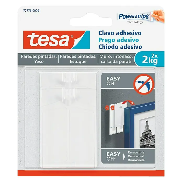 Tesa Clavo adhesivo - Apto para: Paredes pintadas, Carga soportada: 2 kg, 2 uds., Blanco