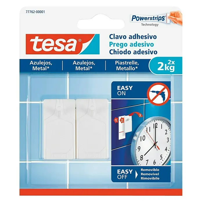 Tesa Clavo adhesivo - Apto para: Baldosas, Carga soportada: 2 kg, 2 uds., Blanco