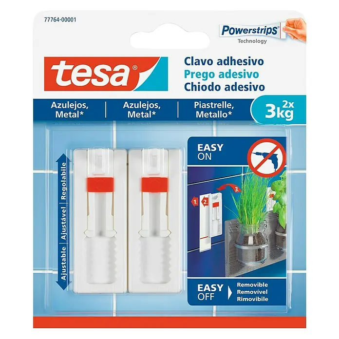 Tesa Clavo adhesivo ajustable - Apto para: Baldosas, Carga soportada: 3 kg, 2 uds., Blanco