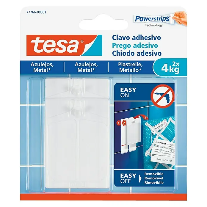Tesa Clavo adhesivo - Apto para: Baldosas, Carga soportada: 4 kg, 2 uds., Blanco