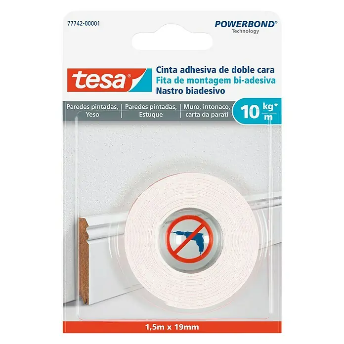 Tesa Powerbond Cinta de doble cara Paredes pintadas/Yeso - L x An: 1,5 m x 1,9 cm, Blanco