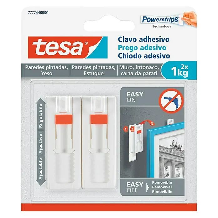 Tesa Clavo adhesivo ajustable - Apto para: Paredes pintadas, Carga soportada: 1 kg, 2 uds., Blanco