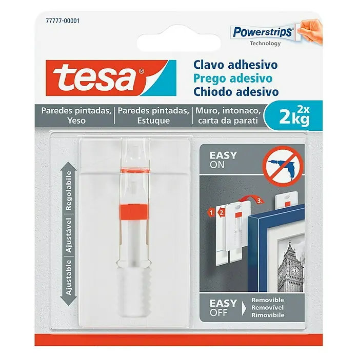Tesa Clavo adhesivo ajustable - Apto para: Paredes pintadas, Carga soportada: 2 kg, 2 uds., Blanco