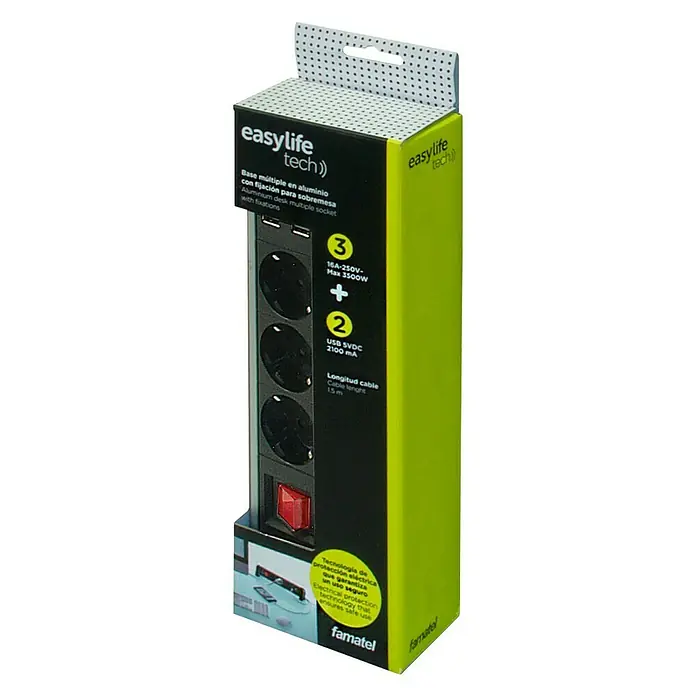 Famatel Base de enchufe múltiple lateral con USB - Número de enchufes Schuko: 4 ud., Negro/Plateado, 1,5 m, 3.680 W