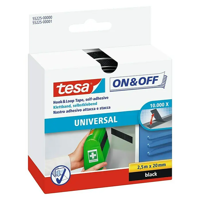 Tesa Cinta de velcro On & Off - 2,5 m x 20 mm, Negro