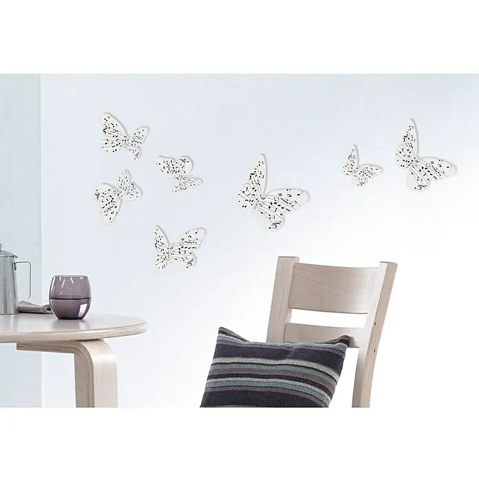 Adhesivos decorativos 3D Mariposa notas música - Blanco/Negro, 14 x 11 cm, 7 piezas
