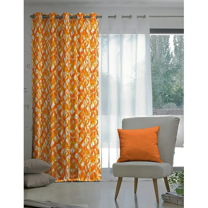 Cortina con ollaos Álava - 140 x 260 cm, 100% poliéster, Blanco/Naranja