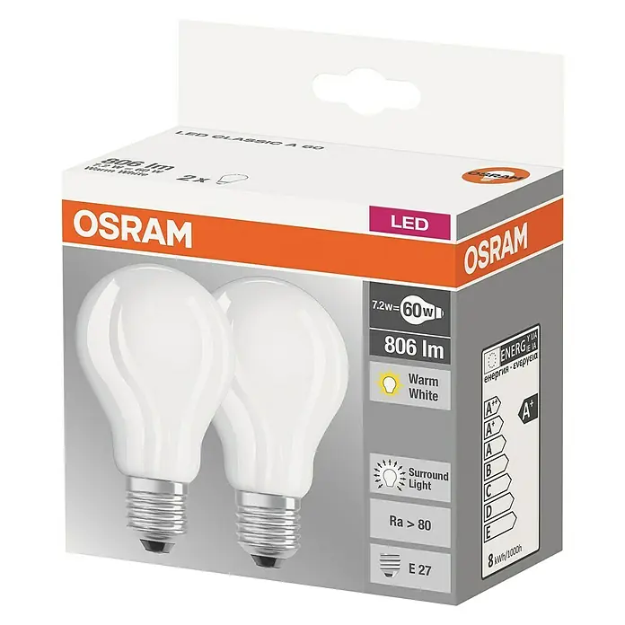Osram Bombilla LED Filamento Classic - 2 uds., 7,2 W, E27, Blanco cálido