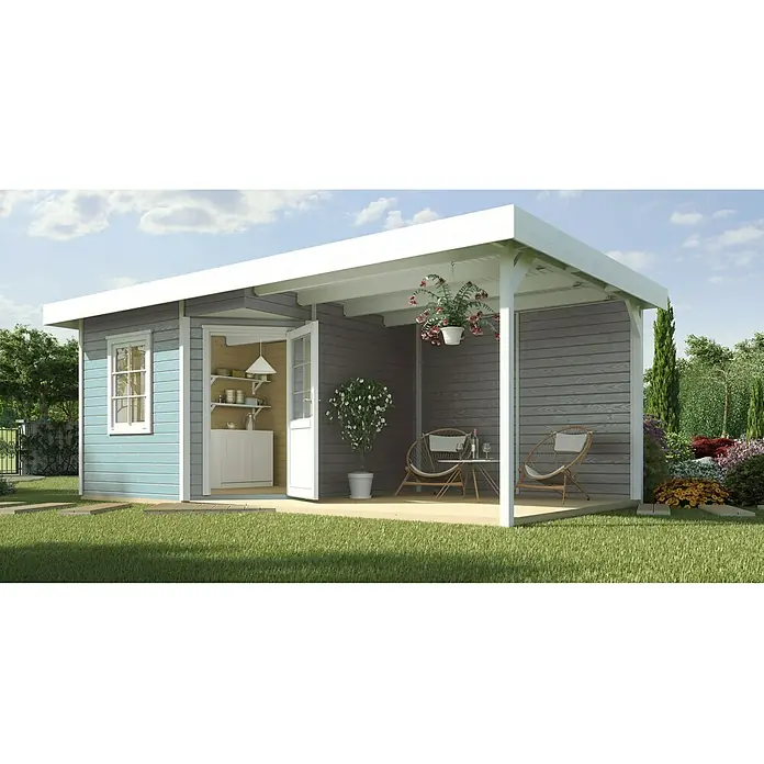 Weka Blockbohlenhaus Fides III - 3,38 x 6,46 m, Wandstärke: 28 mm, Grau - Vorderansicht