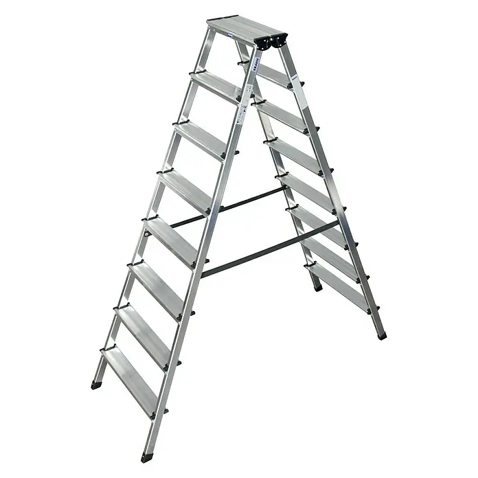 Krause Monto Stufen-Doppelleiter Dopplo - Arbeitshöhe: 3,3 m, Anzahl Tritte: 2 x 8 Stufen, Tiefe Stufen: 80 mm, Aluminium - Linke Seitenansicht