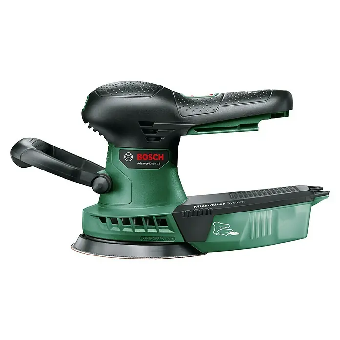 Bosch 18 V Power for All Akku-Exzenterschleifer Advanced Orbit 18 - 18 V, Li-Ionen, Ohne Akku, Durchmesser Schleifteller: 125 mm, Leerlaufdrehzahl: 3.000 U/min - 12.000 U/min - Linke Seitenansicht