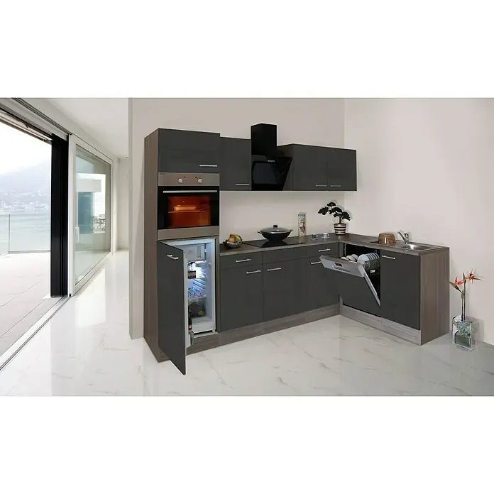Respekta Winkelküche KBL280EYGS - 172 x 280 cm, Grau Seidenglanz