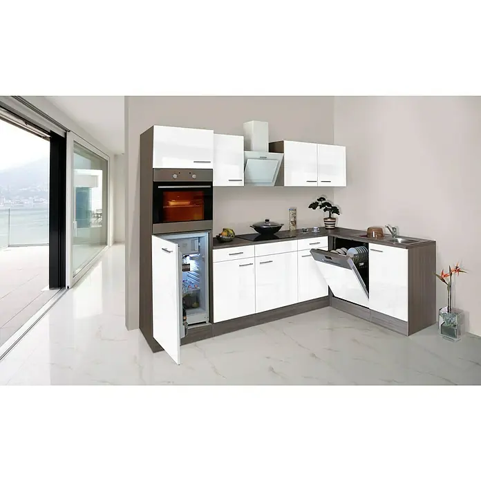 Respekta Winkelküche KBL280EYWS - 172 x 280 cm, Weiß Seidenglanz