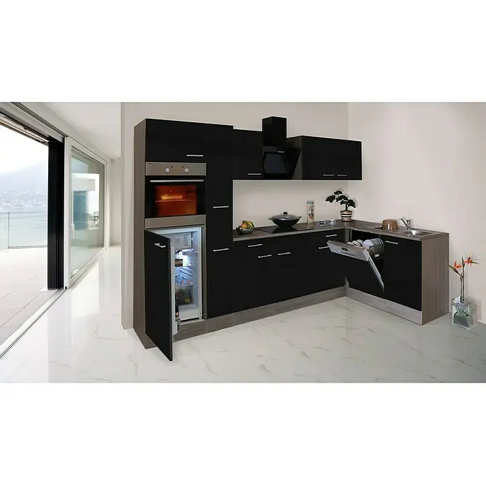 Respekta Winkelküche KBL310EYSS - 172 x 310 cm, Schwarz Seidenglanz