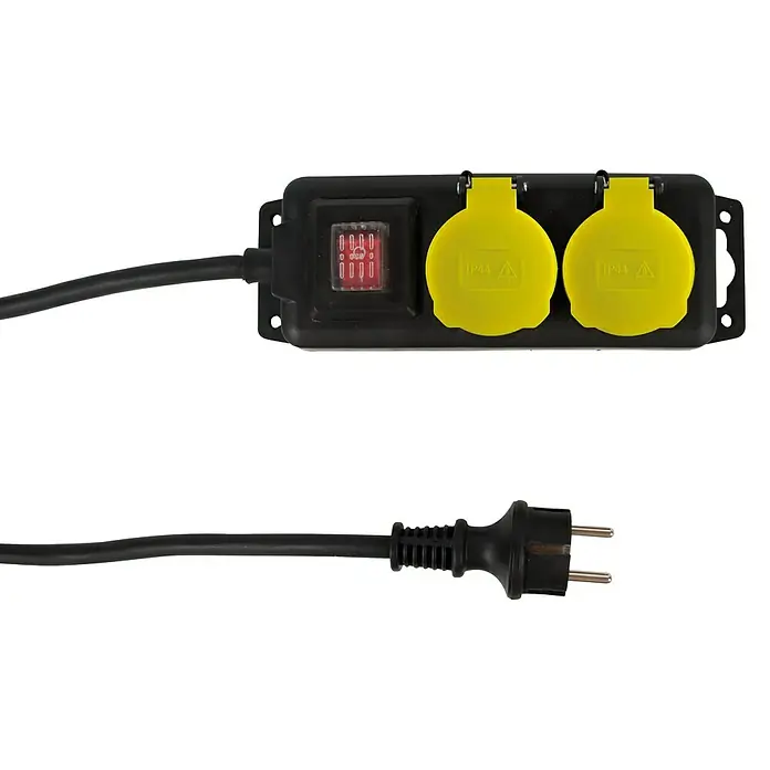 Feuchtraum-Steckdosenleiste - Anzahl Steckdosen Schuko: 2 Stk., 1,4 m, Max. Anschlussleistung: 3.500 W, Schwarz/Gelb - Ansicht von oben