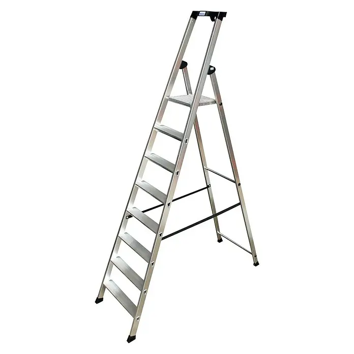 Krause Monto Stufenstehleiter Solido - Arbeitshöhe: 3,7 m, Anzahl Tritte: 8 Stufen, Tiefe Stufen: 80 mm, Aluminium - Linke Seitenansicht