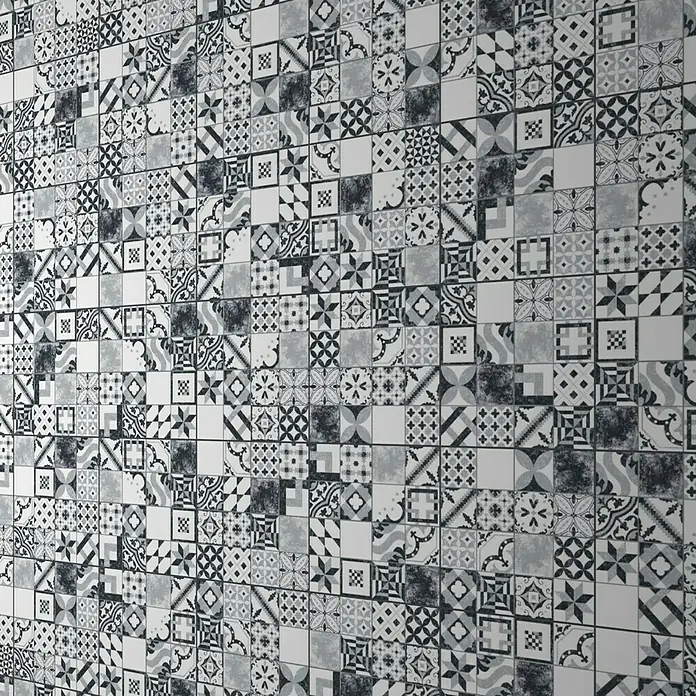 Feinsteinzeugfliese Vintage Medina - 25 x 25 cm, Schwarz/Grau/Weiß, Matt - Vorderansicht