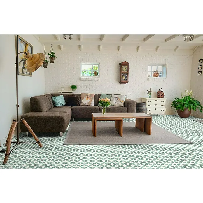 Feinsteinzeugfliese Vintage Nice - 25 x 25 cm, Weiß/Grün, Matt - Vorderansicht