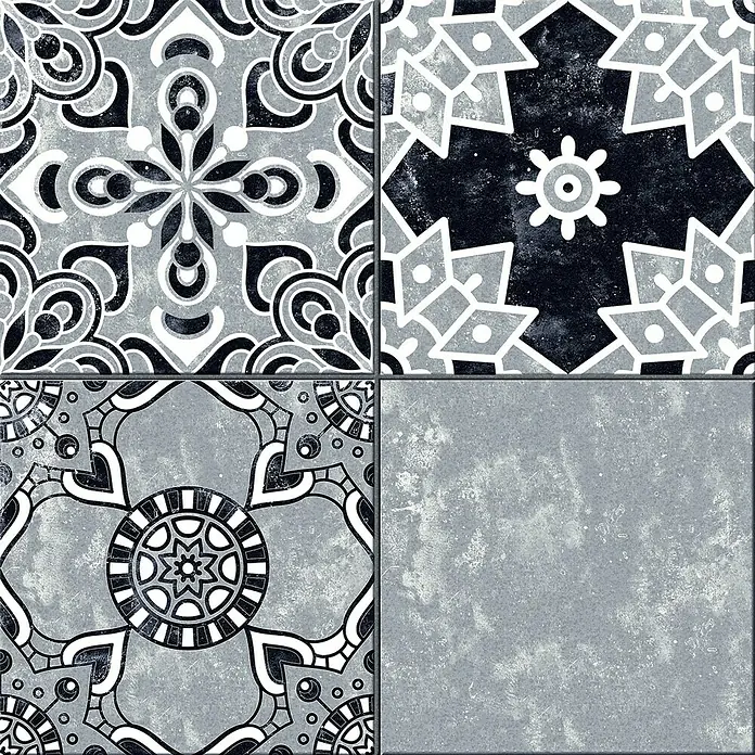 Feinsteinzeugfliese Vintage Xerea - 25 x 25 cm, Schwarz/Grau/Weiß, Matt - Vorderansicht
