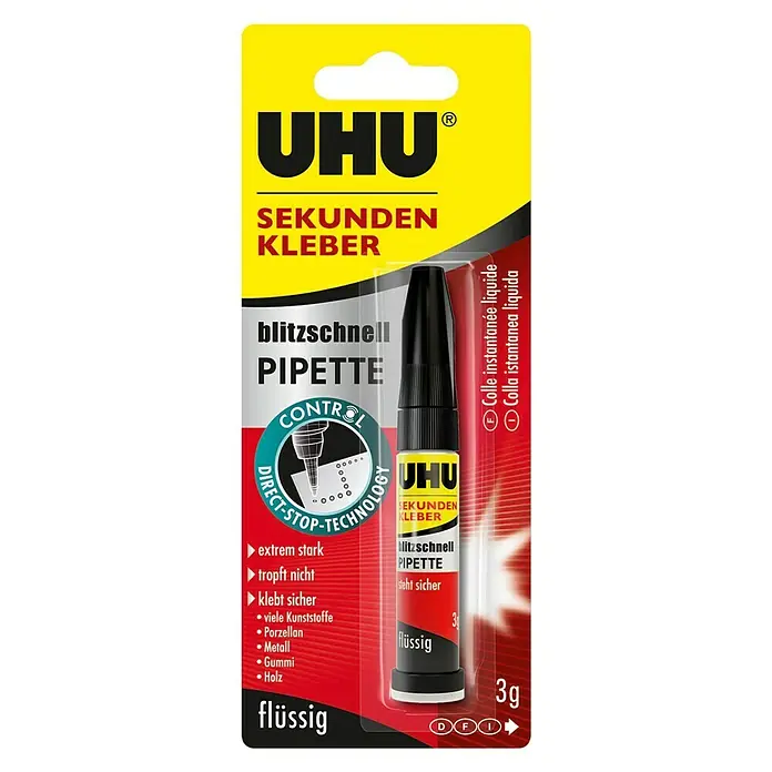 UHU Sekundenkleber Blitzschnell - Inkl. Pipette, 3 g, Tube, Flüssig - Vorderansicht