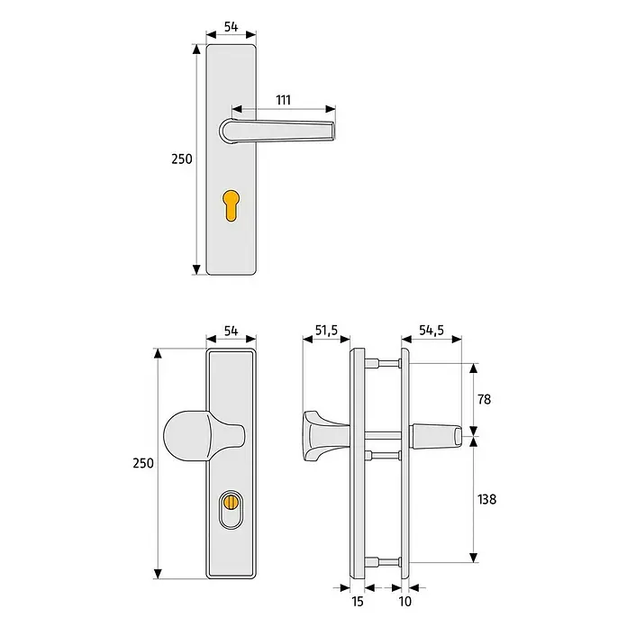 Abus Schutzbeschlag HLZS814 - Hauseingangstür, Aluminium, Türstärke: 52 mm - 72 mm, Knopf außen, Drücker innen, Form Schild: Eckig - Vorderansicht