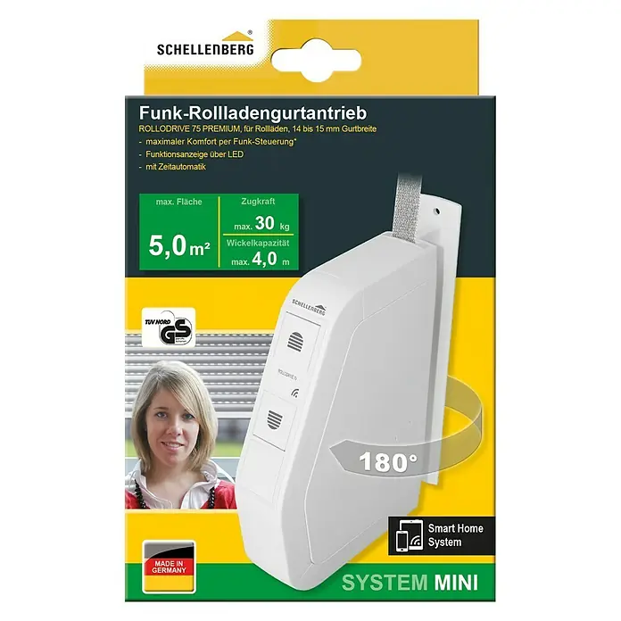 Schellenberg Funk-Rollladen-Gurtwickler Rollo Drive 75 Premium - L x B x H: 155 x 37 x 199 mm, Gurtbreite: 14 mm - 15 mm, Zugkraft: 30 kg, Unterstützte Systeme: Abus Smart Friends System - Vorderansicht