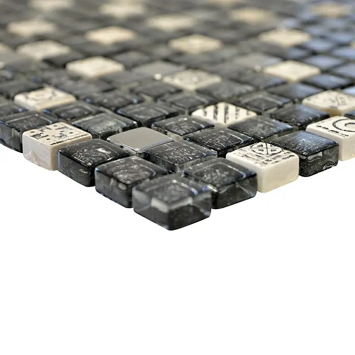 Mosaikfliese Quadrat Crystal Mix XCM ZEUS - 30 x 30 cm, Schwarz/Grau/Weiß, Glänzend - Detailaufnahme
