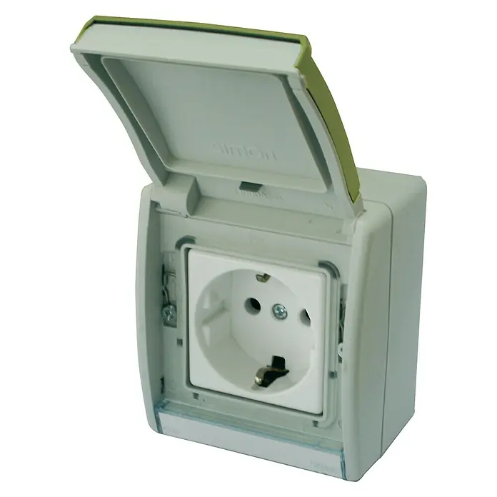Simon 44 Aqua Enchufe para estancias con humedad - 2 Polos + Toma Tierra, Montaje en la pared, IP55, Pistacho
