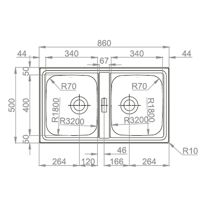 Rodi Fregadero encastrable Urban 86BB - 50 x 86 cm, Acero inoxidable, Cromo