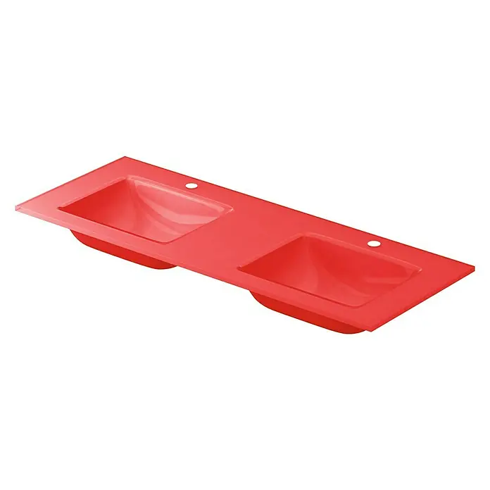 Lavabo doble Cristal - 121 x 46 cm, Orificios para grifo: Medio, Rojo, Vidrio - Vista angular