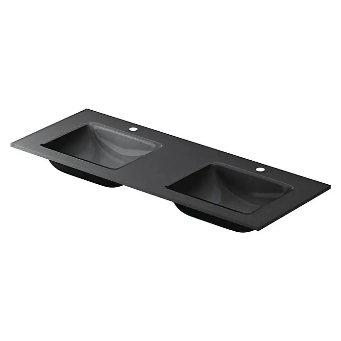 Lavabo doble Cristal - 121 x 46 cm, Orificios para grifo: Medio, Negro, Vidrio - Vista angular