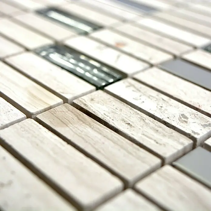 Mosaikfliese Stäbchen Crystal Mix XNM SM67 - 29,8 x 30,4 cm, Grau/Weiß, Glänzend - Detailaufnahme