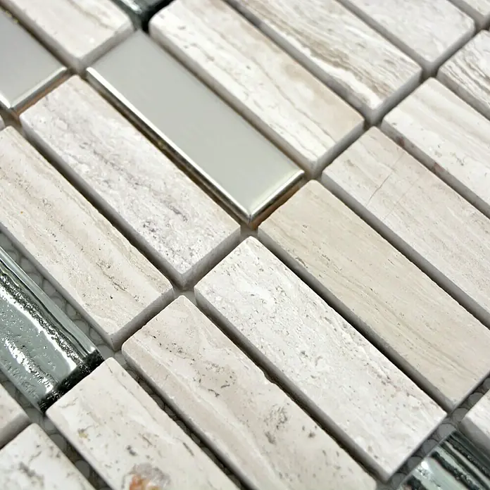 Mosaikfliese Stäbchen Crystal Mix XNM SM67 - 29,8 x 30,4 cm, Grau/Weiß, Glänzend - Detailaufnahme