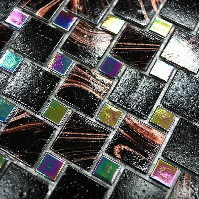 Mosaikfliese Mix Goldstar GM K03 - 31,8 x 31,8 cm, Schwarz/Braun, Glänzend - Detailaufnahme