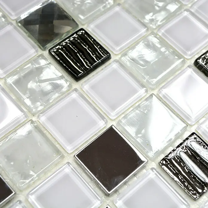 Mosaikfliese Quadrat Crystal Mix CM 424 - 30 x 30 cm, Weiß/Silber, Glänzend - Detailaufnahme