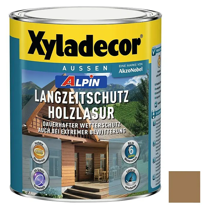 Xyladecor Langzeitschutz-Holzlasur Alpin - Eiche, 1 l, Seidenglänzend, Lösemittelbasiert