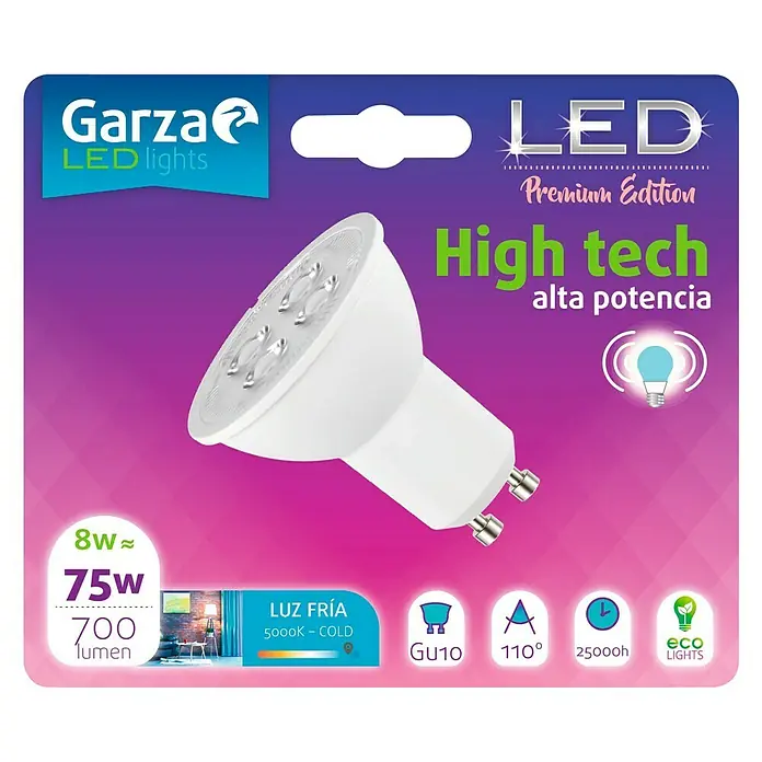 Garza Bombilla LED - 8 W, GU10, Color de luz: Blanco frío, No regulable