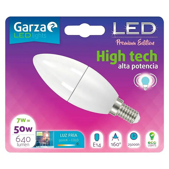 Garza Bombilla LED High Tech - E14, 7 W, Blanco frío, 640 lm