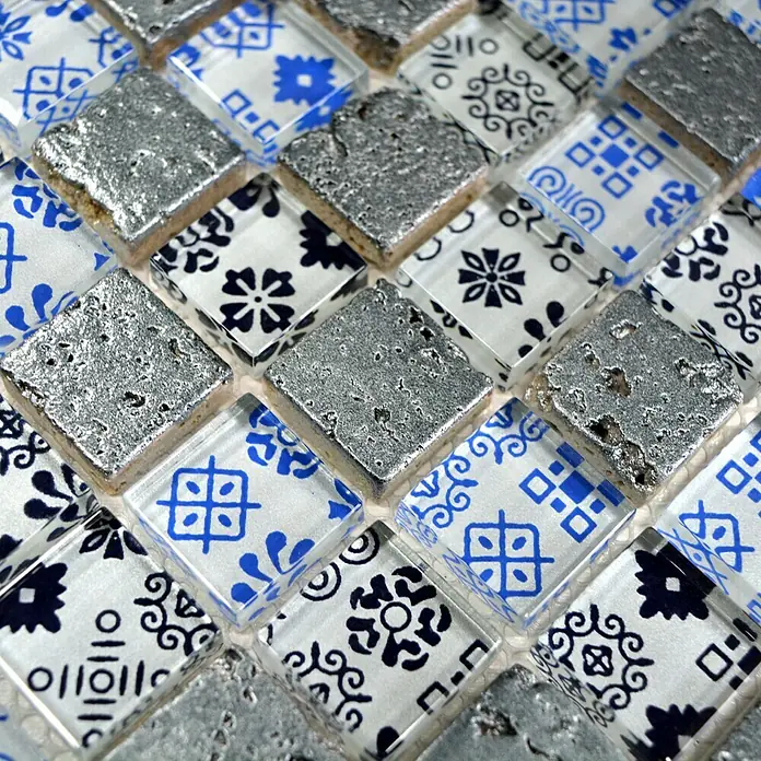 Mosaikfliese Quadrat Crystal Struktur XCM CB07 - 30 x 30 cm, Schwarz/Blau, Glänzend - Detailaufnahme