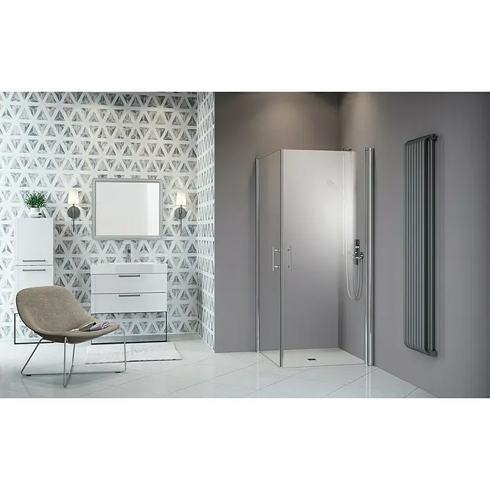 Camargue Vario Eckdusche S1+S3 - 75 x 90 x 195 cm, Stärke: 6 mm, Silber - Vorderansicht