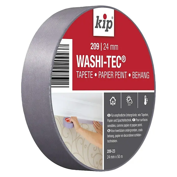 Kip Fineline-Tape Washi-Tec Tapete 209 - Selbstklebend, 50 m x 24 mm x 0,08 mm, Temperaturbeständigkeit: Bis 90 °C - Rechte Seitenansicht
