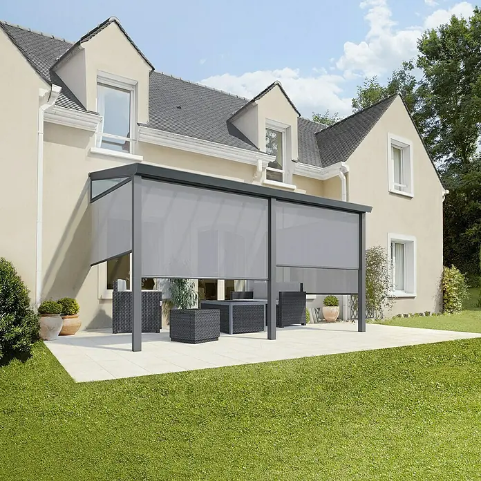Terrassenüberdachung Gartenzimmer - L x T: 400 cm x 304,5 cm, Polycarbonat, Anthrazitgrau, Opal - Vorderansicht