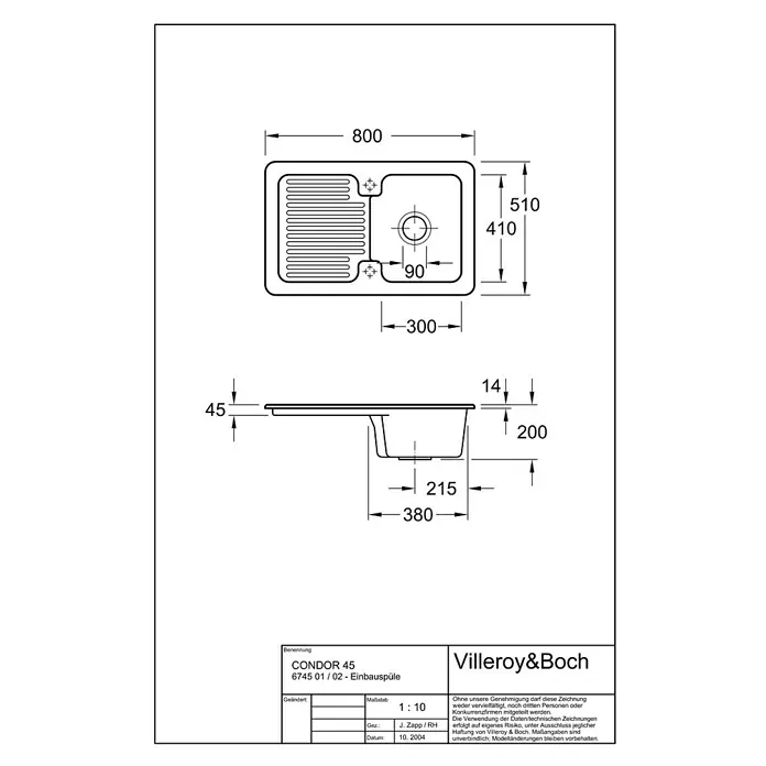 Villeroy & Boch Einbauspüle Condor - 80 x 51 cm, 1 Becken, Keramik, Weiß